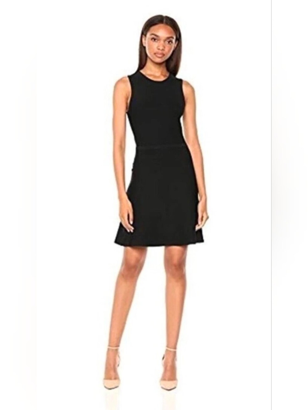 THEORY Women's Dress Glossed Ponte Heavy Knit Flared Sleeveless In Black Sz L
